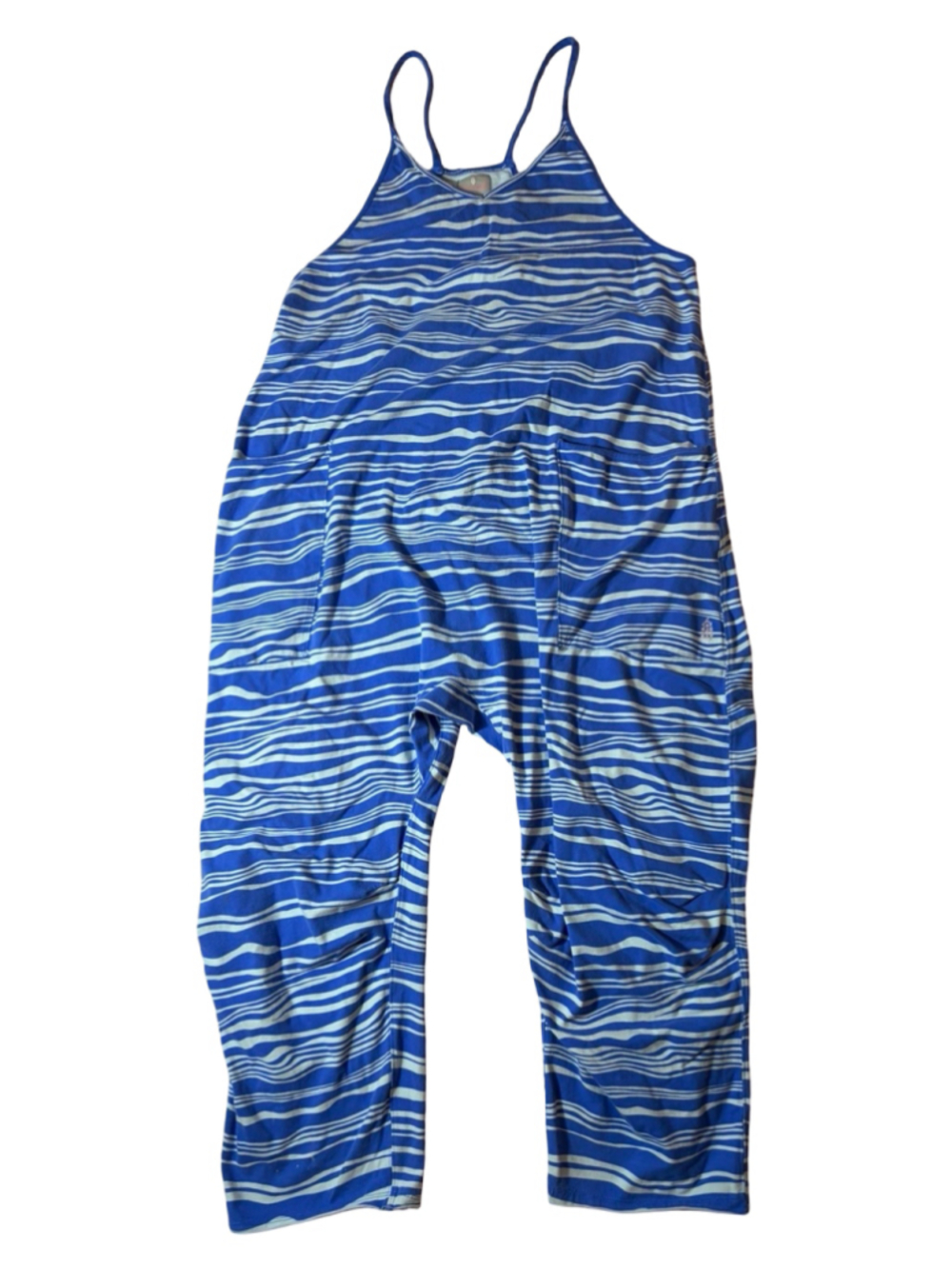 FP Movement Jumpsuit Large Blue Striped Harem Drop Crotch Cargo Pockets